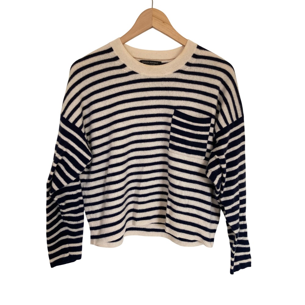 Banana Republic 100% Cashmere Striped Crewneck Sweater Navy Cream Medium